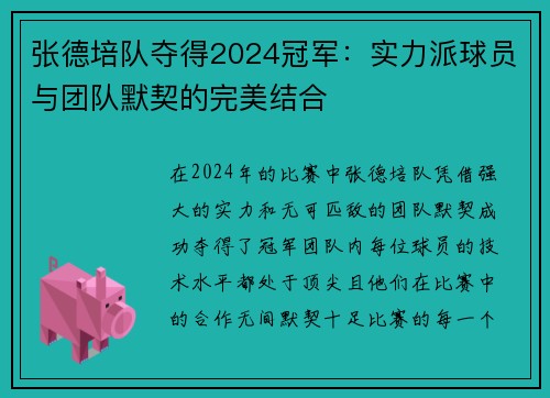 张德培队夺得2024冠军：实力派球员与团队默契的完美结合